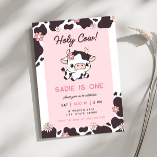 Heliga Cow Rosa Girl Blommigt Birthday-inbjudan Inbjudningar