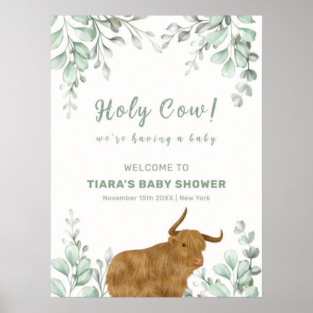 Heliga Cow Rustic Boho Greenery Baby Shower Välkom Poster (Framsidan)