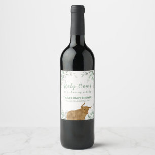 Heliga Cow Rustic Boho Greenery Baby Shower Vinflaska Etikett