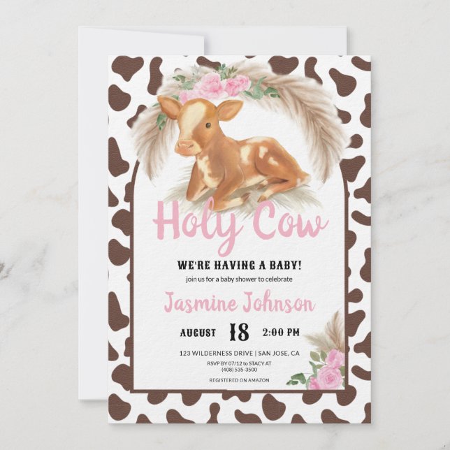 Heliga Cow Rustic Land Blommigt Calf Baby Shower Inbjudningar (Framsida)