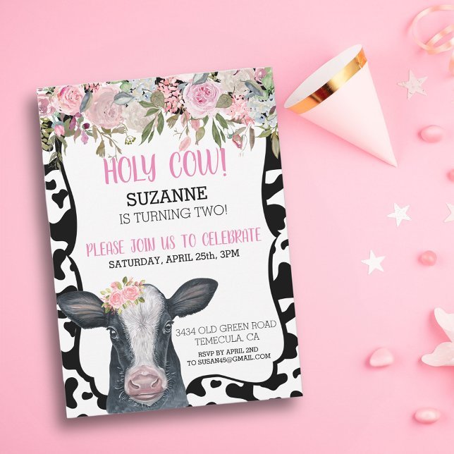 Heliga Cow Watercolor Rosa Flowers Spots Inbjudningar (Skapare uppladdad)