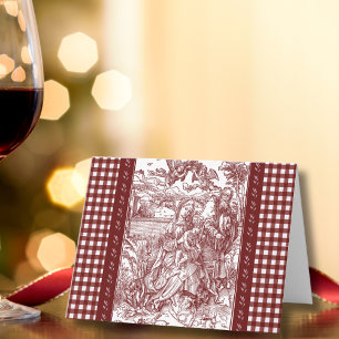Heliga familjen i burgund Toile Gingham jul Tack Kort