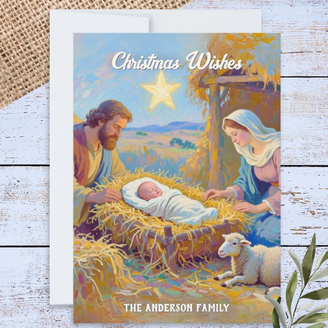 Heliga familjens barn i krubban Julkrubba Julen Ko (A rustic personalized Christmas card with nativity scene)