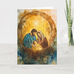 Heliga Family in Manger, Star Glow Kort