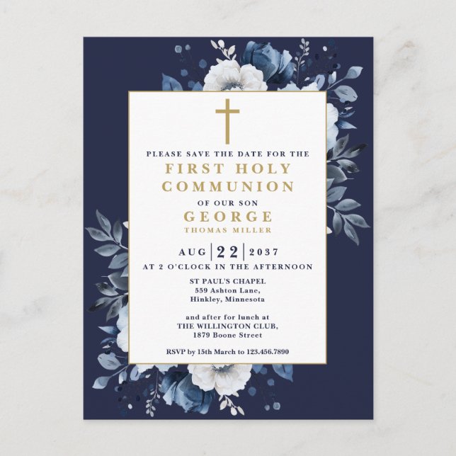 Heliga för marin blå Blommigt Spara datum Vykort (Framsida)