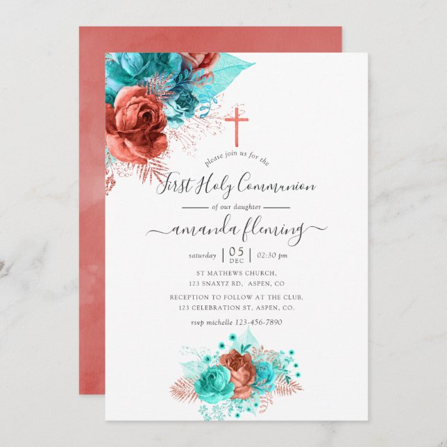 Heliga för turkos- och korallvattenfärgsfärgad Blo Inbjudningar (Fram/baksida)