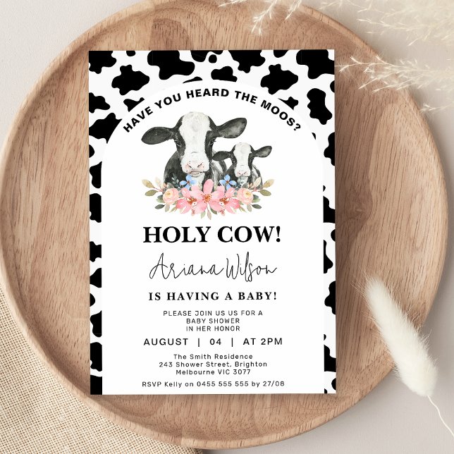 Heliga för vit svart Blommigt för utskrift av  Kow Inbjudningar (Cow Print Holy Cow Baby Shower Invitation,  Black White Cow Print, Floral Holy Cow Baby Shower )