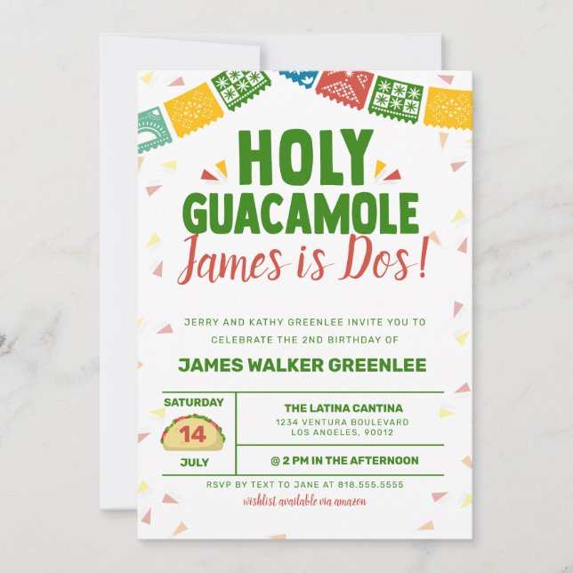 Heliga Guacamole 2:a födelsedagen Fiesta Inbjudningar (Framsida)