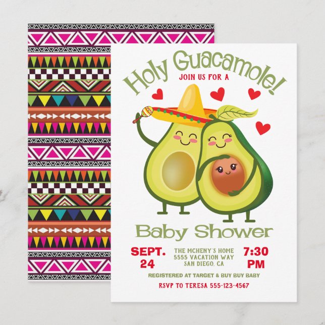 Heliga Guacamole Avocado Baby Shower Fiesta Inbjudningar (Fram/baksida)