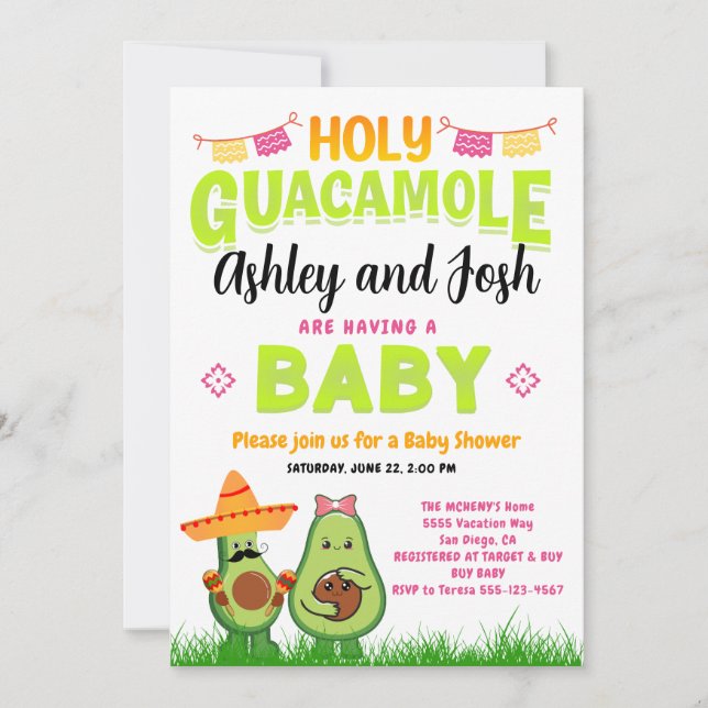 Heliga Guacamole Avocado Baby Shower Fiesta Inbjudningar (Framsida)