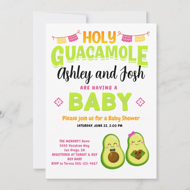 Heliga Guacamole Avocado Baby Shower Fiesta Inbjudningar (Framsida)