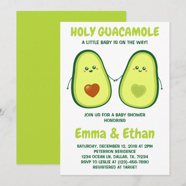 Heliga Guacamole Avocado Baby Shower-inbjudan Inbjudningar (Fram/baksida)