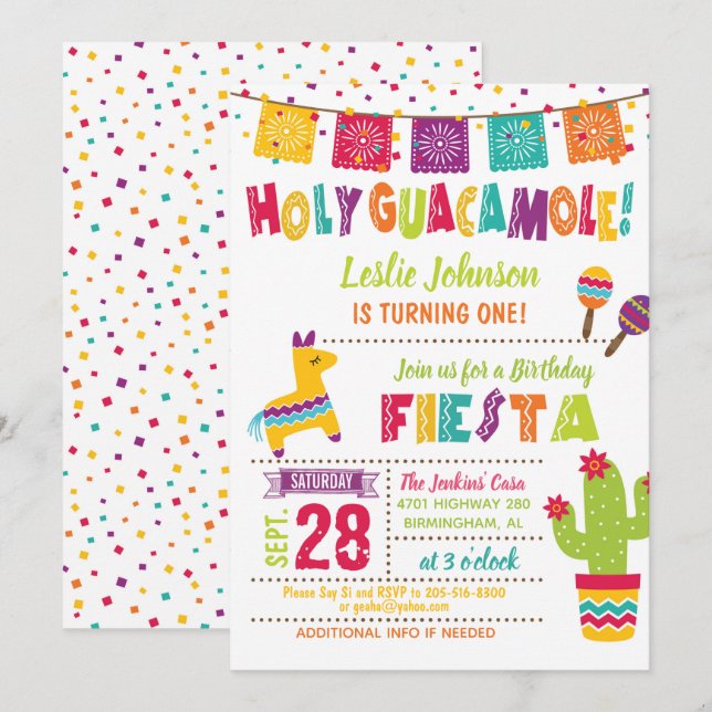 Heliga Guacamole Birthday Fiesta Inbjudan - Kid W (Fram/baksida)