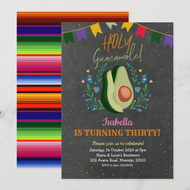 Heliga Guacamole Chalkboard Mexikansk födelsedag Inbjudningar (Fram/baksida)