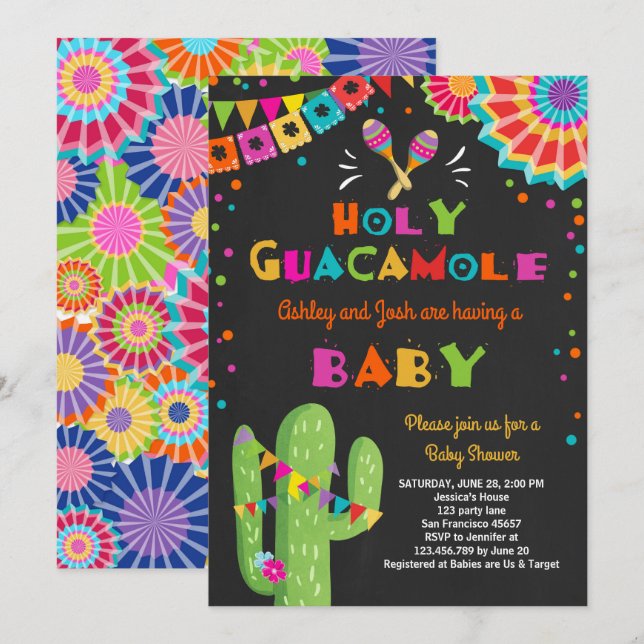 Heliga Guacamole Fiesta Baby dusch inbjudan mexika (Fram/baksida)