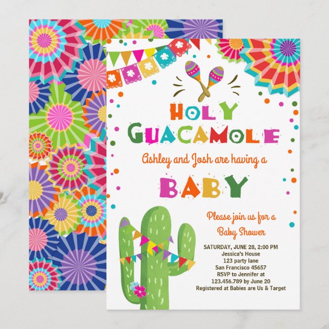 Heliga Guacamole Fiesta Baby dusch inbjudan mexika (Fram/baksida)