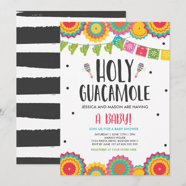 Heliga Guacamole Fiesta Baby Shower Cactus Inbjudningar (Fram/baksida)