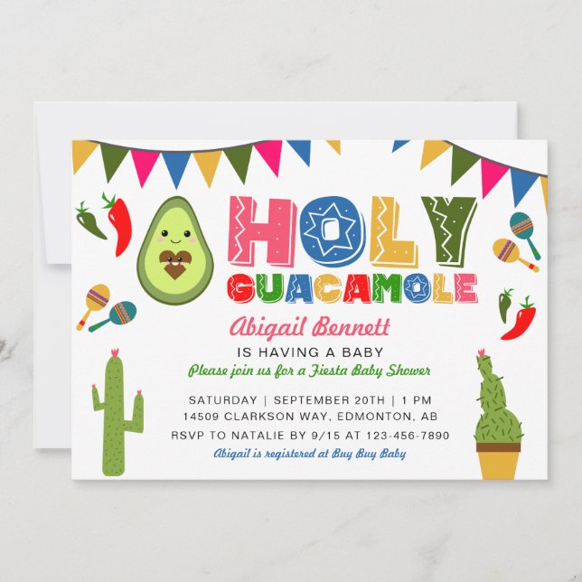 Heliga Guacamole Fiesta Baby Shower Kawaii Avocado Inbjudningar (Framsida)