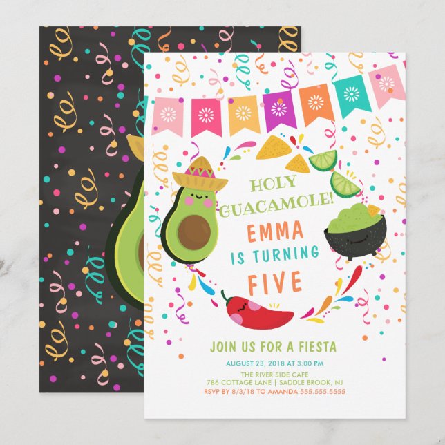 Heliga Guacamole Fiesta Birthday-inbjudan Inbjudningar (Fram/baksida)