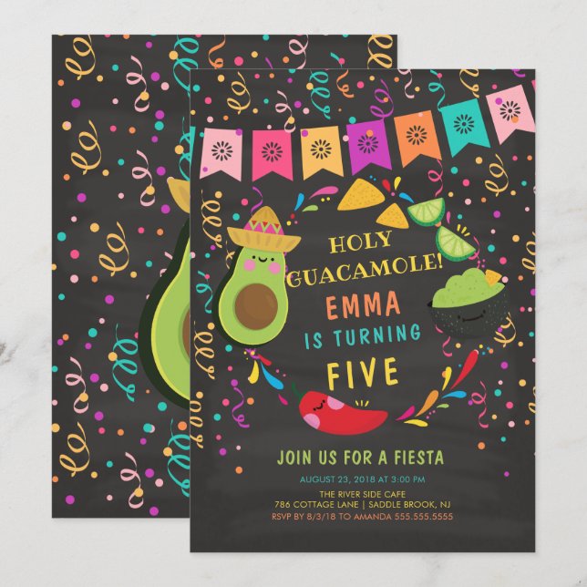 Heliga Guacamole Fiesta Birthday-inbjudan Inbjudningar (Fram/baksida)