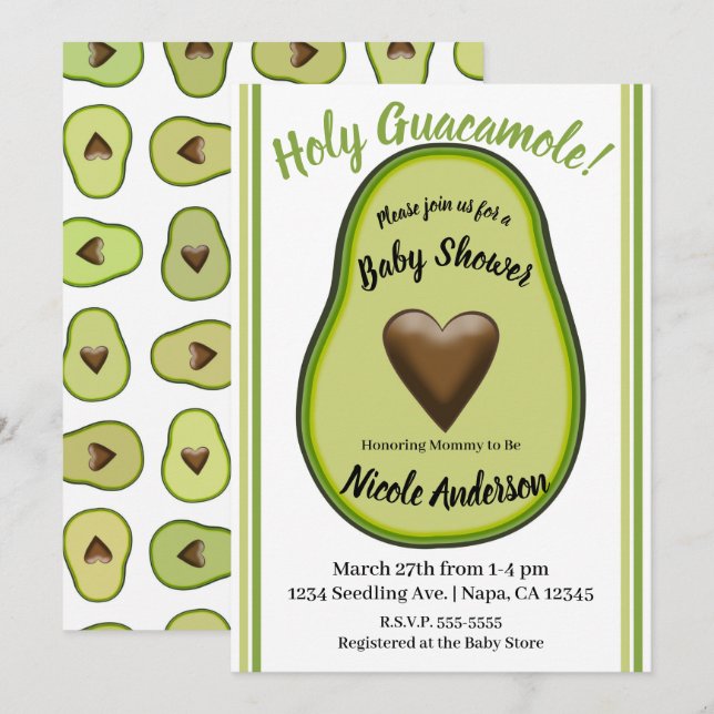 Heliga Guacamole Heart Avocado Baby Shower Inbjudningar (Fram/baksida)