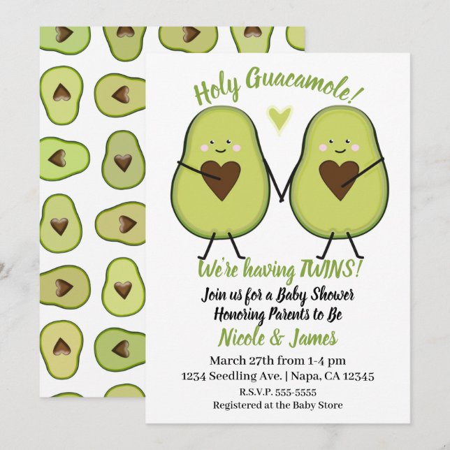 Heliga Guacamole Heart Avocado Baby Shower Twillin Inbjudningar (Fram/baksida)