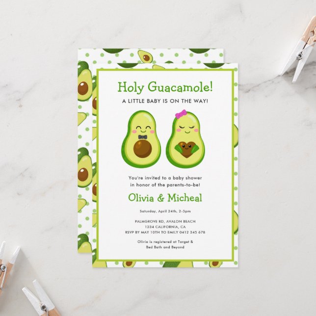 Heliga Guacamole Kawaii Avocado Baby Shower Inbjudningar (Fram/Back In Situ)