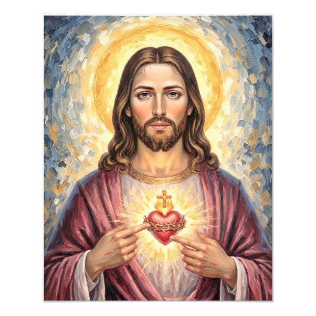 Heliga hjärtans Jesus förgylld ram målning impasto Fototryck (Framsidan)