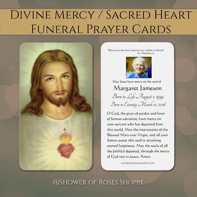 Heliga hjärtas Jesus katolska begravningskort - Visitkort (Divine Mercy/Sacred Heart Funeral Memorial Prayer Cards - Easy to personalize)