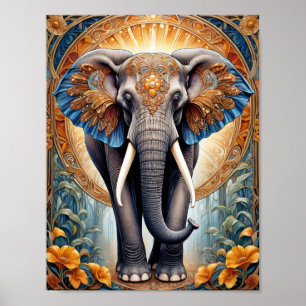 Heliga indian elephant på etnisk mönster och blomm poster