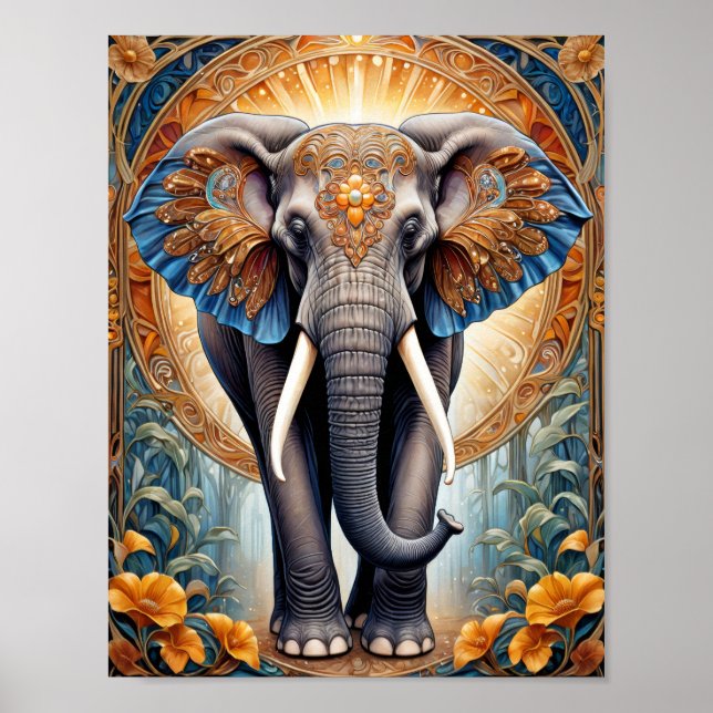 Heliga indian elephant på etnisk mönster och blomm poster (Framsidan)