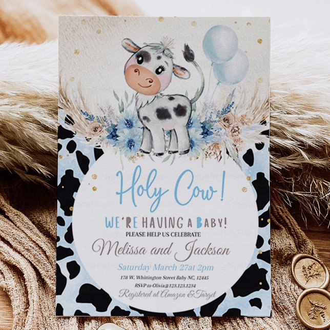 Heliga ko bebis kalas inbjudan pojke ko boho (Holy Cow Baby Shower Invitation Boy Cow Boho)