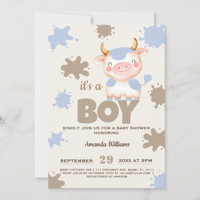 Heliga ko gård djur pojke baby shower inbjudningar (Framsida)