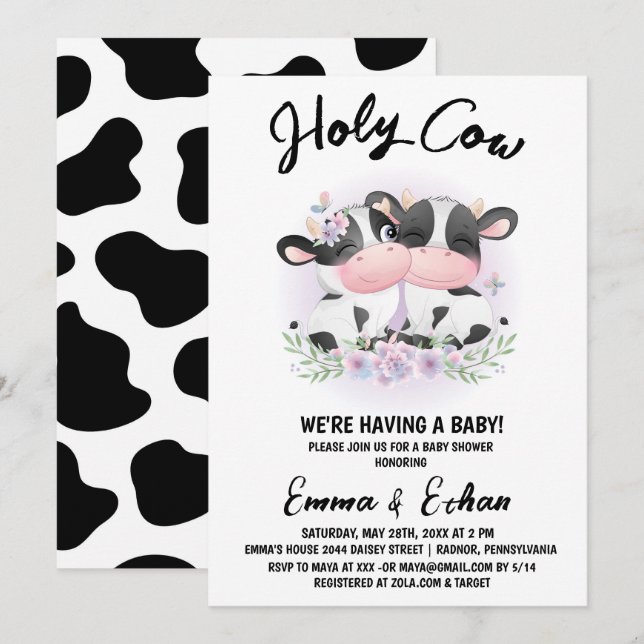 Heliga ko Gender Reveal Baby Shower Inbjudningar (Fram/baksida)