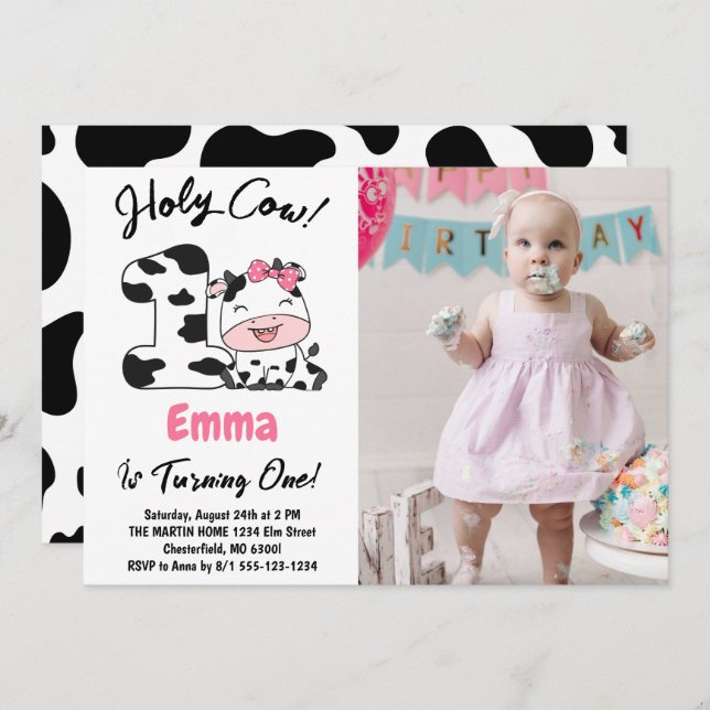 Heliga ko jag är ett års födelsedagsfoto inbjudningar (Fram/baksida)