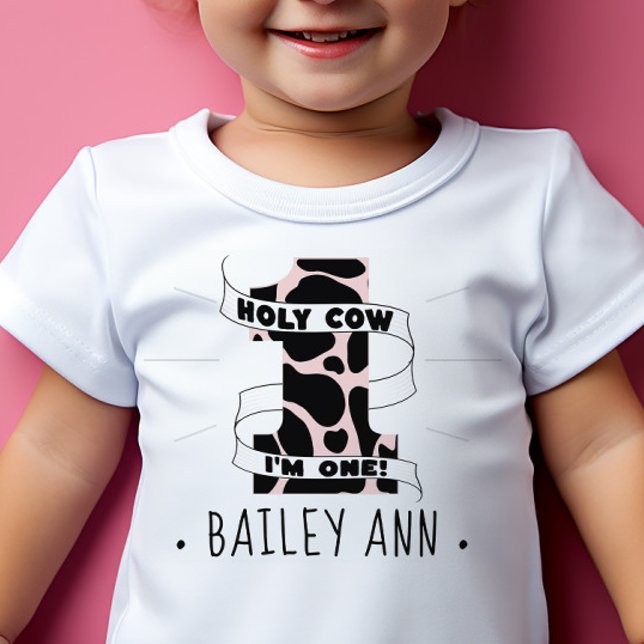 Heliga ko jag är ett första födelsedagsflickor söt t shirt (holy cow I'm one first birthday bday shirt for girls pink cow print custom name)