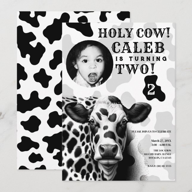 Heliga ko! Svart & vit country-födelsedagsfest Inbjudningar (Fram/baksida)