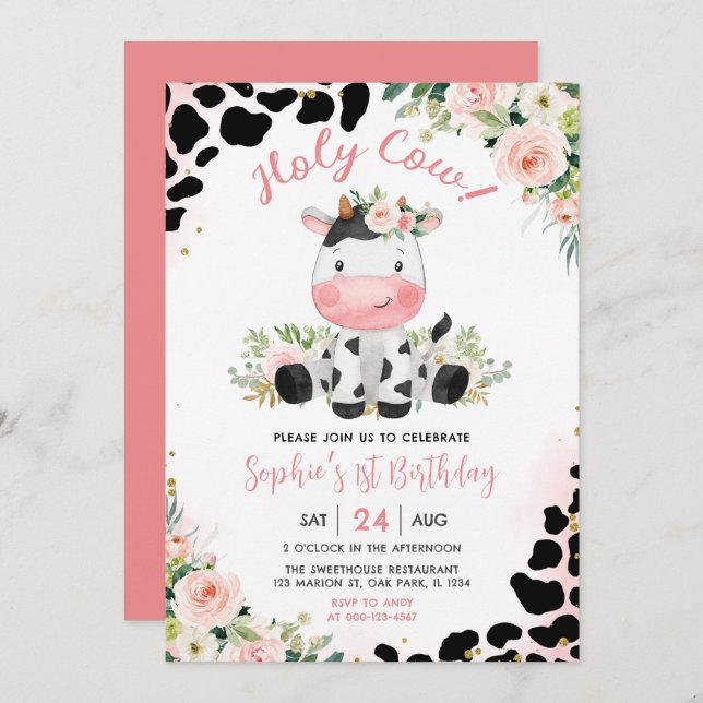 Heliga Kokens Rosa Blommigt 1:a födelsedag Party Inbjudningar (Fram/baksida)