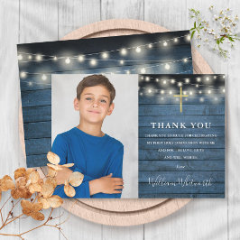 Heliga Kommunionen Blå Rustika Strängljus Foto Tack Kort