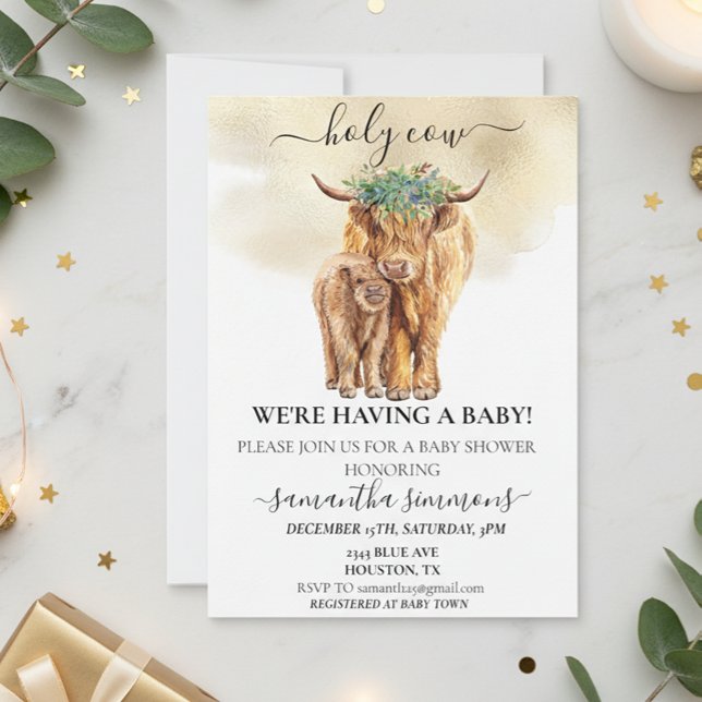 Heliga Kow Highland Calf Baby Shower Watercolor Gu Inbjudningar (Skapare uppladdad)