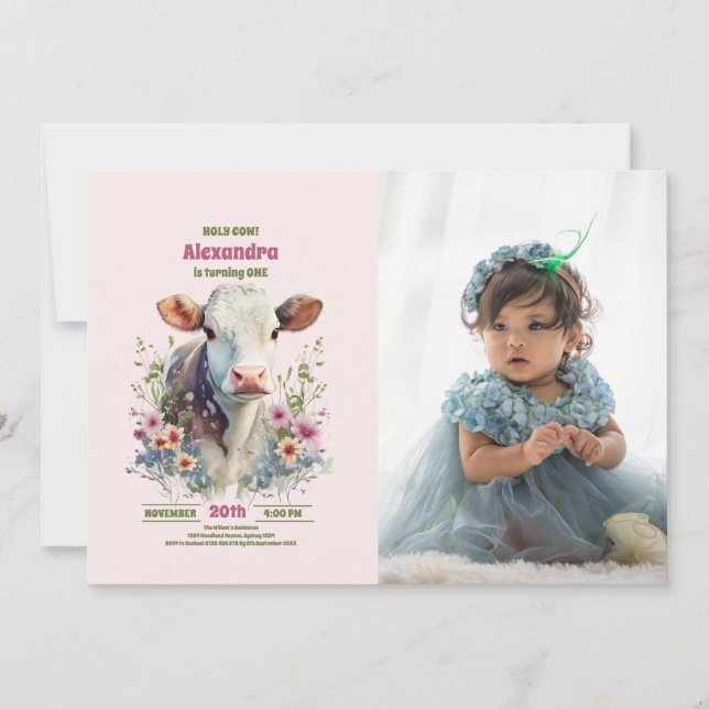 Heliga Kow jag är ett foto från första födelsedage Inbjudningar (Framsida)