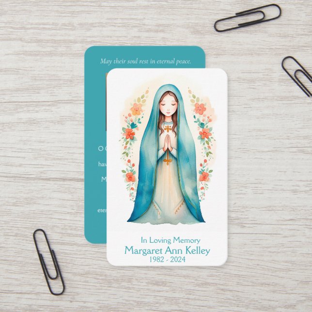 Heliga Mary Watercolor Catholic Prayer Card Visitkort (Fram/Back In Situ)