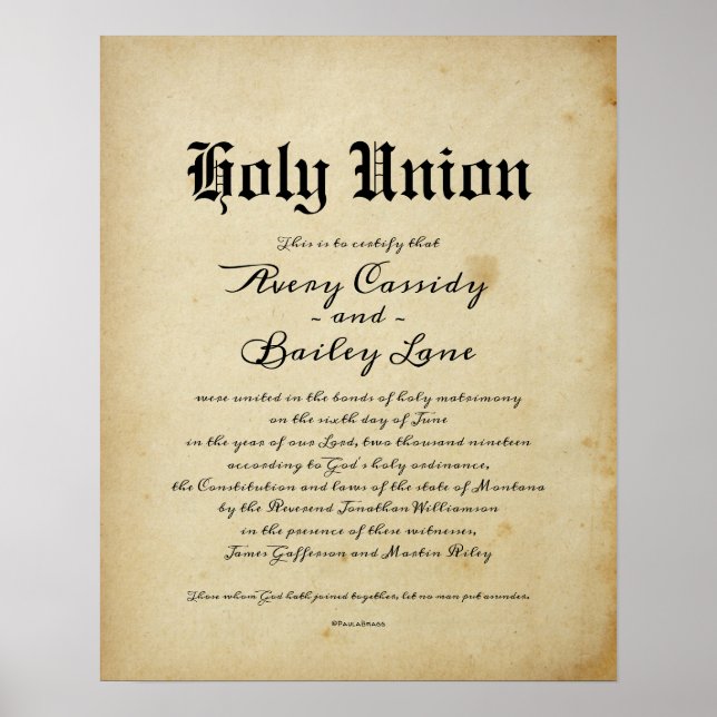 "Heliga Matrimony" Antique Bröllop certifikat Poster (Framsidan)