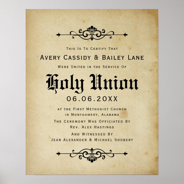 "Heliga Matrimony" Antique Bröllop certifikat Poster (Framsidan)