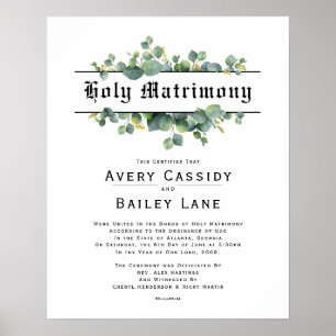 Heliga Matrimony ♥ Bröllop certifikat Poster