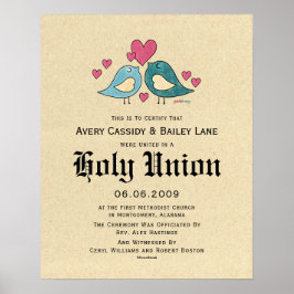 "Heliga Matrimony" Love birds Bröllop certifikat Poster