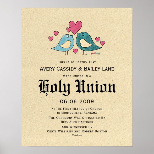 "Heliga Matrimony" Love birds Bröllop certifikat Poster (Framsidan)