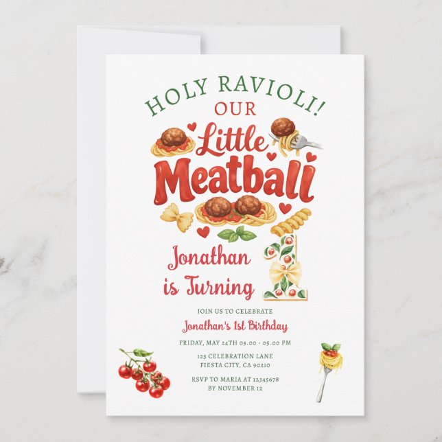 Heliga Ravioli Lille Köttbulle Pasta 1-årsdag Inbjudningar (Framsida)