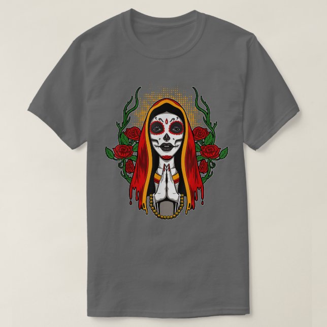 Heliga Santa Muerte Cult Girl med blommor T Shirt (Design framsida)