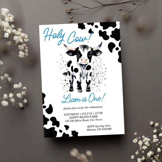Heliga, svart och blå födelsedagsfest av söta kor inbjudningar (Holy cow birthday party template invitation instant download cute baby bull first birthday black)